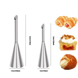 Pack of 2 Piping Nozzles Filling Nozzles, Piping Nozzles for Filling Donuts, Stainless Steel Rustproof Piping Nozzle Nozzles Compatible with Piping Bags for Jam Puff Filling