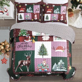 Mocaletto Cabin Quilt Set Twin Size,Christmas Bedding Set with Pillow Sham,2 Piece Reversible Holiday Christmas Quilt Set,Patchwork Bedspread,Light Microfiber Twin Coverlet