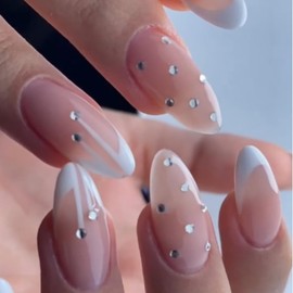 24 Pcs Glitter Press on Nails Short Almond Fake Nails French Tip False Nails Full Cover Nude Acrylic Artificial Nails French Stick on Nails Glossy Press ons Nails for Women Daily Wear Nails