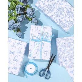 Pineraap 12 Sheets Blue White Porcelain Wrapping Paper, Chinoiserie Floral Gift Wrap Paper Folded Craft Paper Blue Bow Wrapping Paper for Birthday Wedding Baby Shower Party, 19.7 x 27.6 Inch