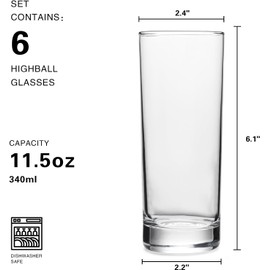RRMMAN Glasses Set of 6, 11.5oz Tall Drinking Glasses, Water Glass for Kitchen,Clear Tall Glass Cups,Cute Cocktail Glasses,Lead-Free Water Glasses Bar Glassware for Mojito Beverages and Mixed Drinks