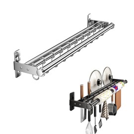 Hanging Wall Mount knife Wall Mount, Kitchen Organizer Storage Shelf for Utensils Spatula Spoon, Space-Saving Knife Rack with Hooks,Wall-Mounted Utensil Holder (Black, 60CM+Three Poles+10Hooks)