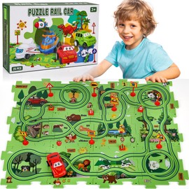 25PCS Puzzle Racer Kids Car Track Set, Puzzle Track Car Play Set Jungle Themed Series, Rail Car Puzzle Track, Puzzle Racer, Educational Car Puzzle Toys Gifts for Kids and Boys