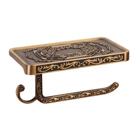 SDH Antique Brass Toilet Paper Holder with Shelf Space, Aluminum Wall Mount Toilet Tissue Holder with Cell Phone Storage and Hook -Bathroom Toilet Paper Holder Vintage Style & Rustproof