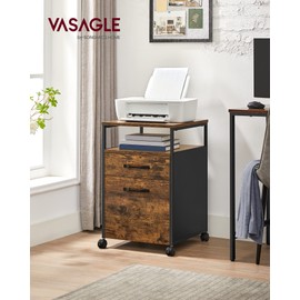 VASAGLE File Cabinet, Mobile Filing Cabinet with Wheels, 2 Drawers, Open Shelf, for A4, Letter Size, Hanging File Folders, Rustic Brown and Ink Black UOFC71X