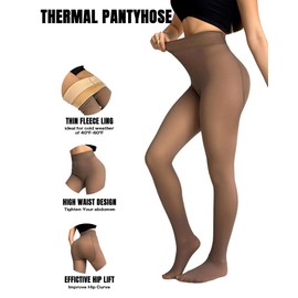 CHICME Womens Thick Fleece Lined Transparent Tights High Waist Elasticity Thermal Pantyhose Faux Sheer Warm Leggings Brown-Regular