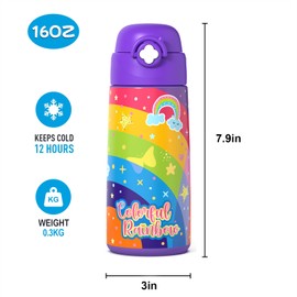 Girls Insulated Water Bottle with Covered Pop-Up Straw,16 oz Kids Cups with Stainless Steel Leak Proof for School（Rainbow-Purple）