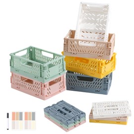 Lucywey Pack of 6 Folding Boxes, Plastic Folding Baskets, 15 x 9.7 x 6 cm, Mini Folding Box, Portable Storage Boxes, Colourful Sturdy Foldable Storage Box with Stickers and Pen for