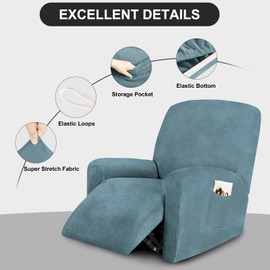 FestiCorp Recliner Chair Covers Real Velvet 4-Pieces Recliner Covers for Small Lazy Boy Recliner Chair Stretch Recliner Sofa Slipcovers Furniture Protector with Side Pocket&Elastic Bottom, Stone Blue