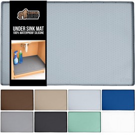 GORILLA GRIP Waterproof Silicone Under Sink Mat with Raised Lip for Kitchen and Bathroom, 46 x 22 in, Cabinet Shelf Liner Stay in Place Mats Dishwasher Safe Drawer Liner, Organizer Tray, Light Grey
