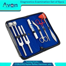 6PK Neuro Examination Tuning Forks 128Hz & 512Hz with Taylor Reflex Hammer, Penlight, Lister Bandage Scissors 5.5in, Hemostats 5.5in Straight - with Pouch Case