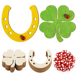 BETESSIN 100 x Mini Wooden Pendants Confetti Lucky Pigs Wooden Disc Lucky Charm Clover Leaf Scatter Parts Table Decoration Lucky Mushroom Pig Ladybird Wooden Decoration Confetti for Crafts