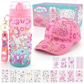 Gifts for Girls Decorate Your Own Water Bottle and Baseball Cap, Birthday Easter Present for Kids Ages 4-6, Fun Arts and Crafts Kit for Kids 6-8, DIY Back to School Toy for Girls 5 6 7 8 9 10