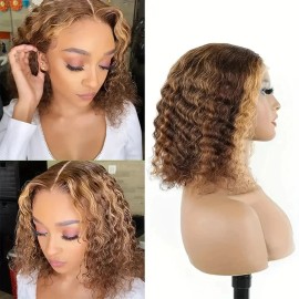 200 Density Highlight Curly Short Bob Wigs 4/27 Color 13x4 Lace Frontal Wigs Deep Wave Brazilian Human Hair Full Frontal Bob Wigstyle: Deep Wave, color: 4/27, stretched length: 14 in, Lace Size: 13x4