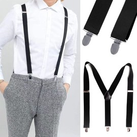 YFFSFDC Men's Y-Shaped Suspenders, Width 1.4 inches (35 mm), Unisex, 3 Clips, Formal, Genuine Leather, Firmly Hold, Elastic, Adjustable, Hanging Band, Black