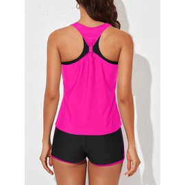 Aleumdr 3 Piece Womens Tankini Swimsuits with Shorts Athletic Bathing Suits Tank Tops with Bra and Boyshorts Rose Large