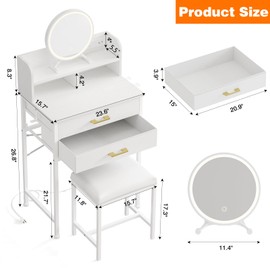 Fixwal Fixwal White Small Vanity Desk Set with Lighted Mirror and Chair, Makeup Dresser with 2 Fabric Drawers, Power Outlet, Compact Table with Cushioned Stool for Bedroom Small Space