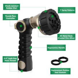 RESTMO Heavy Duty Hose Nozzle, Metal Garden Water Hose Sprayer with 7 Watering Patterns, Thumb Control, On Off Valve, High Pressure Nozzle Sprayer for Watering Plants, Car and Pet Washing, Bronze