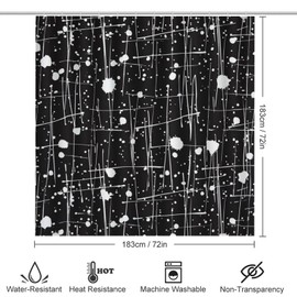 4PCS/Set Abstract Line Spot Splash Shower Curtain 72W X 72L, Black Geometric Doodle Dot Printed Bathroom Decor, Shaped Mat Toilet Lid Cover and Non-Slip Rugs with 12 Hooks