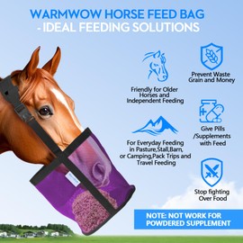WARMWOW Horse Feed Bag Pack of 2, Feed Bags for Horses with Ventilation Mesh, Comfort Nose Pad Neck Pad, Adjustable Strap, Spill Proof Design for Independent Feeding Grain, Supplements (Purple)