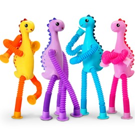 4Pcs Dinosaur Sensory Tube Travel Toys for Toddlers Kid Boys Girls Year Old Ages 3+ ADHD Autism Airplane Road Trip Activities Essential Suction Cup Pop Dino Fidget Toys Autistic Stress Relief Gifts