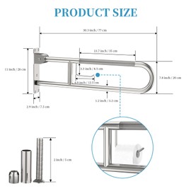 Toilet Grab Bar 30.3 Inch, Munzong Anti-Slip Handicap Grab Bars with Paper Holder, Flip-Up Bathroom Toilet Safety Rails, Stainless Steel Knurled Support handrails for Seniors Elderly Disabled Pregnant