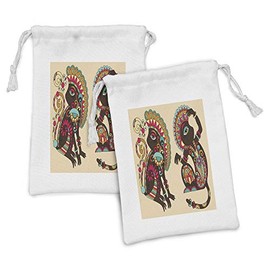 Ambesonne Tribal Fabric Pouch Set of 2, Patterns on a Monkey Tailed Posing Animal Wildlife Creatures Print, Small Drawstring Bag for Toiletries Masks and Favors, 9" x 6", Multicolor