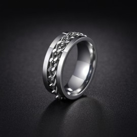 Udolfly Mens Fidget Rings Anxiety Spinner Rings for Men Classic Chain Rings for Women Adults Titanium Steel Ring Silver Size 5