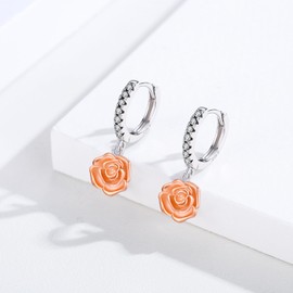 Rose Earrings for Women 925 Sterling Silver Rose Flower Hoop Dangle Drop Earrings Rose Jewelry Rose Gifts for Girls Mom