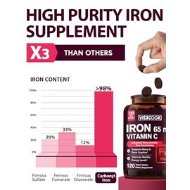 Vitacook Vitacook Iron Supplement for Women Men, High Potency Iron 65mg with Vitamin C 250mg, Stomach Friendly Iron Pills for Red Blood Cell & Immune Support, Non-GMO & Gluten Free,120 Vegan Tablets