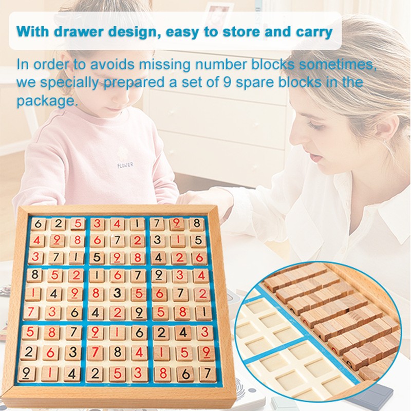 Wooden Sudoku Board Game with Drawer 81-Grid Chessboard Educational Puzzle