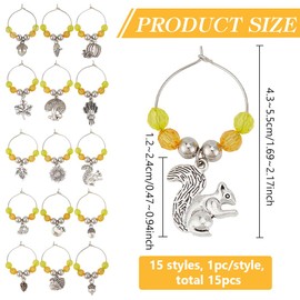 BENECREAT 15Pcs Thanksgiving Wine Glass Charms, Fall Wine Glass Identifiers with Yellow Transparent Glass Beads, Alloy Markers with Pumpkin, Leaves, Squirrel, Wheat and Acorn Wine Charms