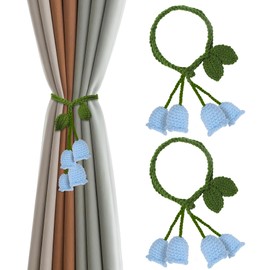 2 Pack Boho Handmade Flower Curtain Tiebacks Curtain Holdbacks - No Drill Rope Curtain Holder, Drapery Holdback Decorative Pull Backs for Nursery & Bedroom Decor (2, Blue Lily of The Valley)