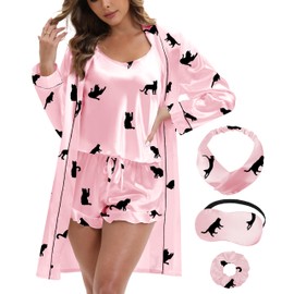 MORFORU Silk Pajamas for Women 3 Piece Satin Pajama Set with Robe Camisole Tops Ruffle Shorts with Sleep Mask 2 Piece Pjs (Black cat-Pink/M)