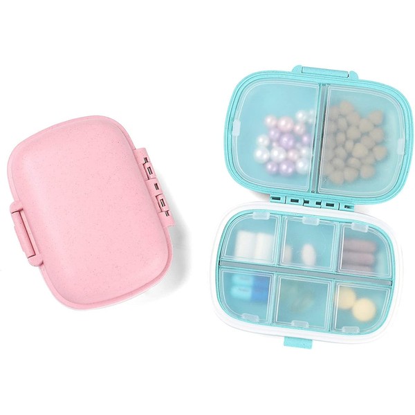 Pill Box, Pill Organizer- 1 pcs 8 Compartments Travel Pill Organizer Moisture Proof Small Pill Box for Pocket Purse Daily Pill Case Portable Medicine Vitamin Holder Container(Pink)