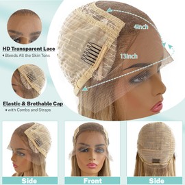 13x4 Balayage Lace Front Wig Human Hair Ash Blonde to Platinum Highlight with Brown Roots Middle Part Pre Plucked Glueless Ombre Brown Blonde Balayage Wigs for Women 180% Density 22 Inch