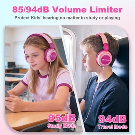 Kids Headphones for School, Wired HD Mic 3-15 Year for Girls Boys (Pink)