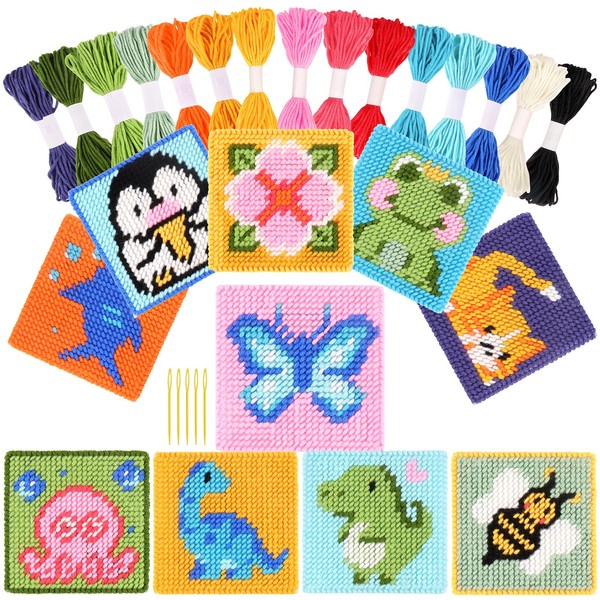 Pllieay 10-in-1 Cross Stitch Beginner Kit for Kids, Embroidery Kit Includes 10pcs Plastic Mesh Canvas with Pattern, 15 Yarns, 5 Weaving Needles, Needle Points Starter Kit Sewing Set with Instructions