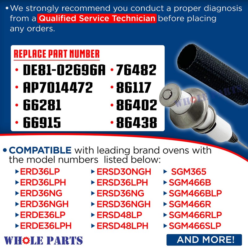 Whole Parts Range Surface Burner Igniter Part# 76482-001 - Replacement