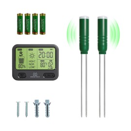 MEMETECH 4-in-1 Soil Meter for Plants, Wireless Remote Monitor for Temperature Moisture Light Timing in One Board, Use for Garden Pot Turf lawns Farms greenhouses（1 Meter and 2 Sensior）, Black