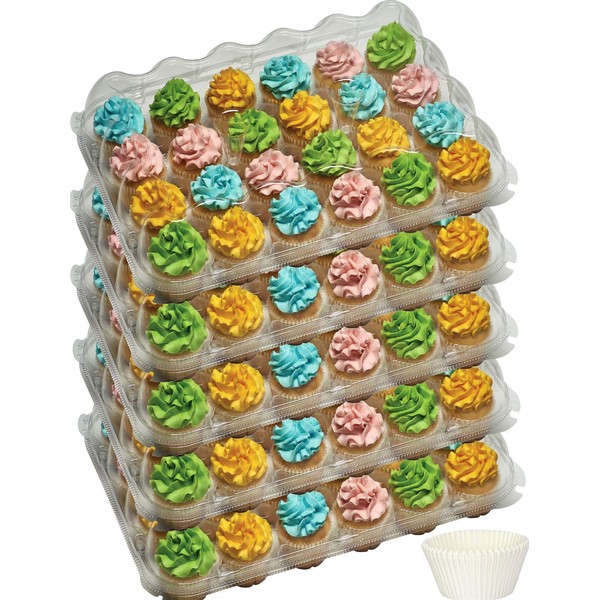 24 Compartment cupcake containers plastic disposable Cupcake Boxes muffin carrier - Great for high topping - 5 pc. - 24 slot each - Plus White standard size baking cups.