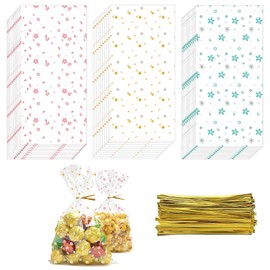 100 Pcs Wildflower Party Cellophane Treat Bags - Floral Candy Plastic Goody Bags for Baby Shower, Bridal Shower, Birthday, Wedding - Clear Gift Supplies with Flat Bottom