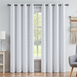 Enactex 100% Full Blackout Curtains Thermal Insulated Drapes 84 Inch Long for Bedroom, White Drapery with Silver Geometric Pattern Room Darkening Grommet Window Curtain for Living Room, 2 Panels