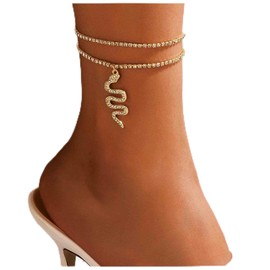 Yheakne Boho Layered Crystal Chain Ankle Bracelet Gold Snake Dangle Anklet Bracelet Layering Tennis Chain Anklet Punk Summer Foot Chain Jewelry for Women and Girls (With rhinestone)