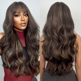 testar Brown Wigs for Black Women Long Wavy Wigs with Fringe Brown Mixed Blonde Highlights Synthetic Wigs in Colour for Daily Use