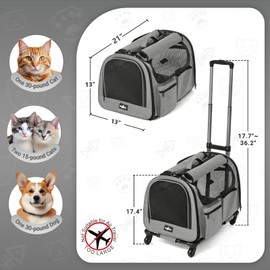 Large Pet Carrier with Wheels, Foldable Rolling Dog Carrier with Big Pocket, Cat Rolling Bag 21"x13"x13" for 2 Cats &Dogs, for Travel, Outdoor, Vet Visits, Camping, Indoor. Gray. (Not for Airline)