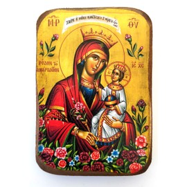 Handmade Wooden Greek Christian Orthodox Icon of Virgin Mary of Unwithered Rose / A0