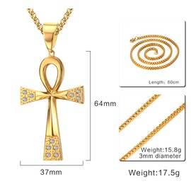 HUANIAN Stainless Steel Egyptian Ankh Cross Pendant Necklace for Men Women,Free Chain, 23.6",2 Colors, Leather Stainless Steel