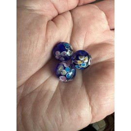 Handmade 3 Handmade Lampwork Glass Deep Blue Encased Rose Flower Floral Round Beads 12mm