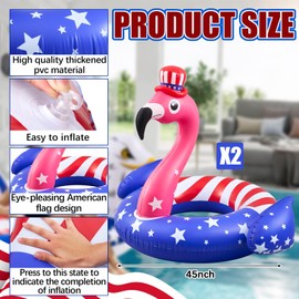 VercanMonth 2 Pack American Flag Inflatable Flamingo Pool Float-45 Inch 4th of July Large Swim Tube Rings 250th Anniversary Red White & Blue Floating Raft for Summer Lake Beach Pool Party Ride